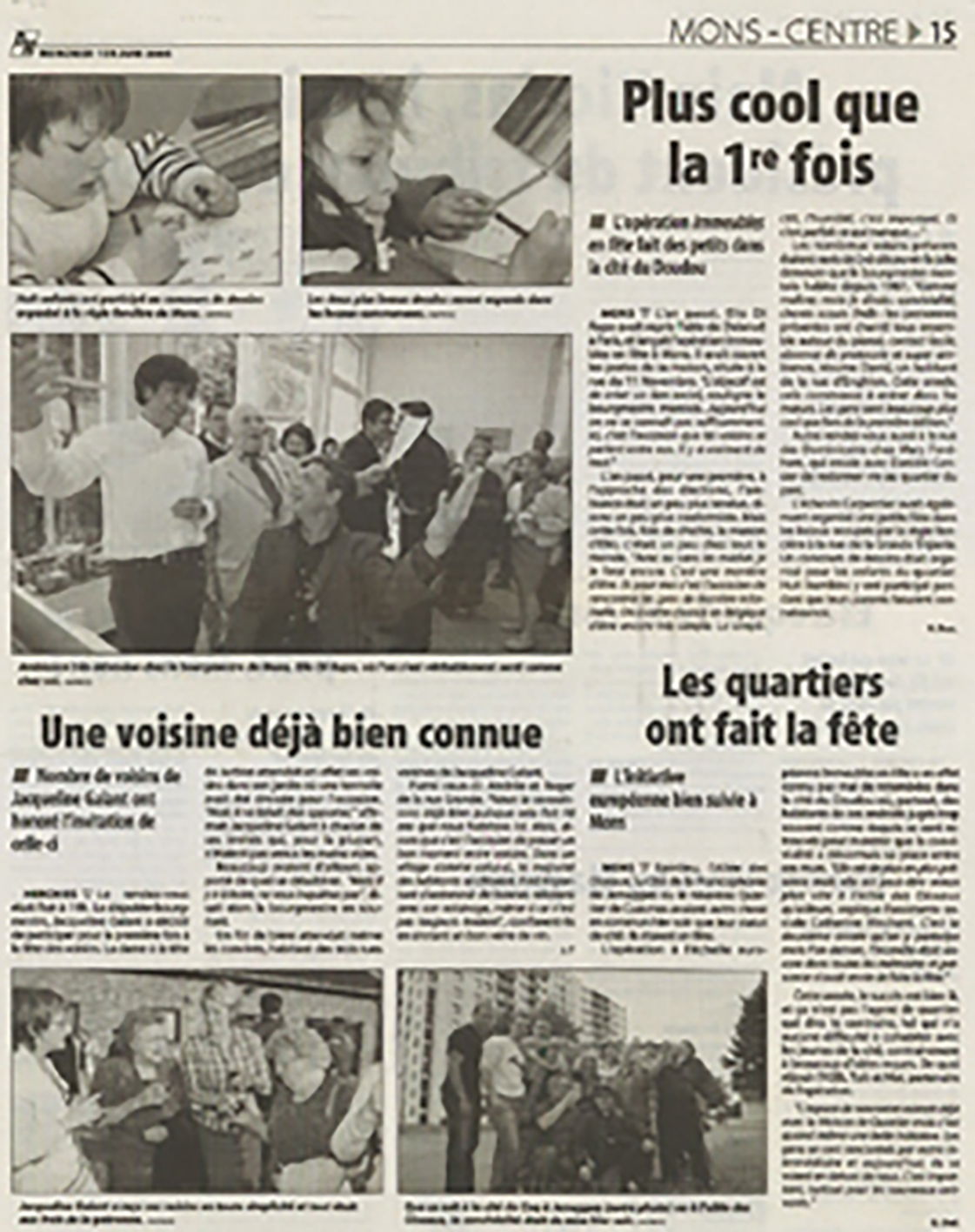 La Dernière Heure, "Mons-Centre" page 15. Full page gathering three articles: "Plus cool que la 1re fois", "Une voisine déjà bien connue" (Jacqueline Galant) and "Les quartiers ont fait la fête". Main photo: the atmosphere at the home of the mayor of Mons, Elio Di Rupo.