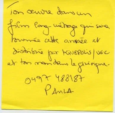 Post-it de proposition de troc, Truc Troc Exhibition 2004, Bozar, Bruxelles, le 16 octobre 2004.
