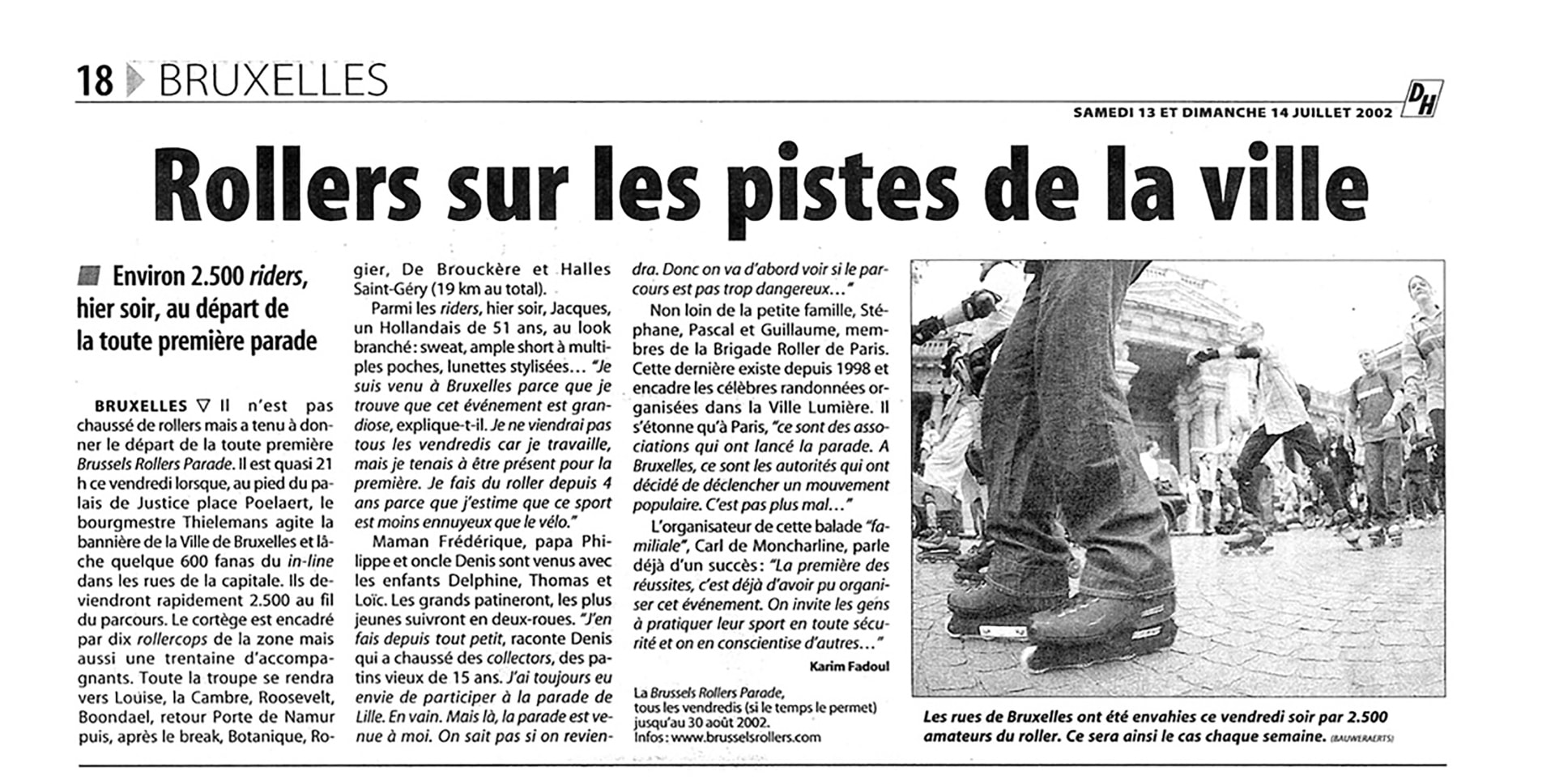 La Dernière Heure, July 13, 2002. Photograph of skaters on Brussels cobblestones with the Palais de Justice in the background. (Credit: Bauweraerts)