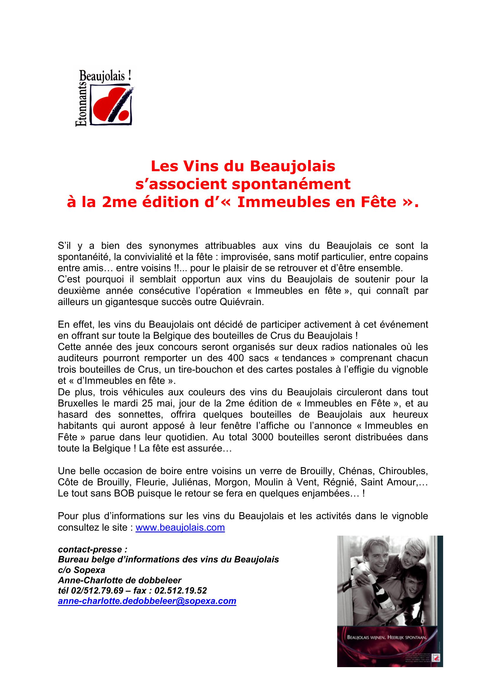 Communiqué de presse « Étonnants Beaujolais ! », 2004, une page, français. Crédit photo : DR.