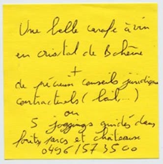Post-it de proposition de troc, Truc Troc Exhibition 2004, Bozar, Bruxelles, le 16 octobre 2004.