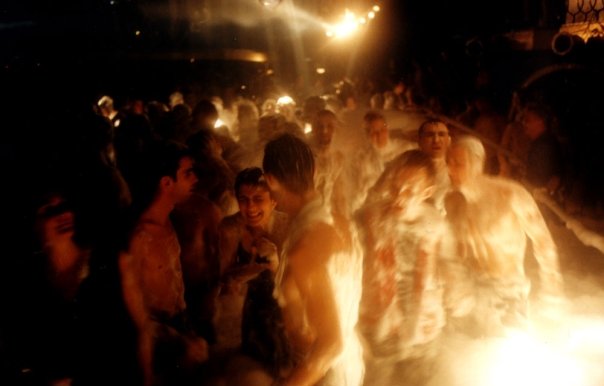 Wide view of the crowd as the foam settles at the end of a burst.
