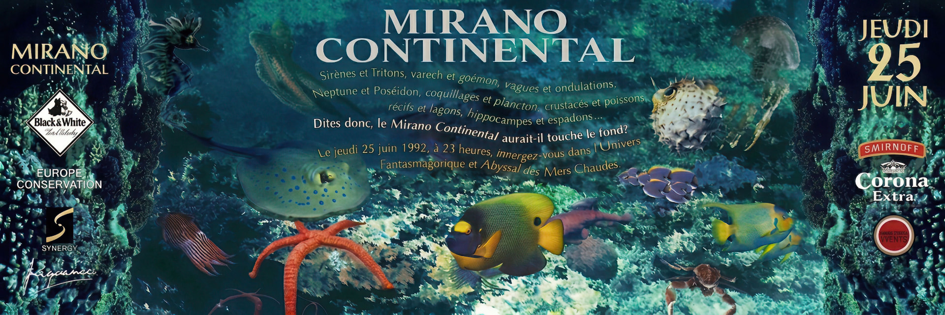 « Les Abysses », Mirano Continental, 25 juin 1992. Affiche de Patrick Gennaro Avella pour la soirée au décor de fonds marins conçu par Aldo Gigli, avec la Grande Baleine transformée en bar.