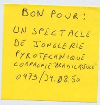 Post-it de proposition de troc, Truc Troc Exhibition 2004, Bozar, Bruxelles, le 16 octobre 2004.