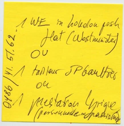 Post-it de proposition de troc, Truc Troc Exhibition 2004, Bozar, Bruxelles, le 16 octobre 2004.