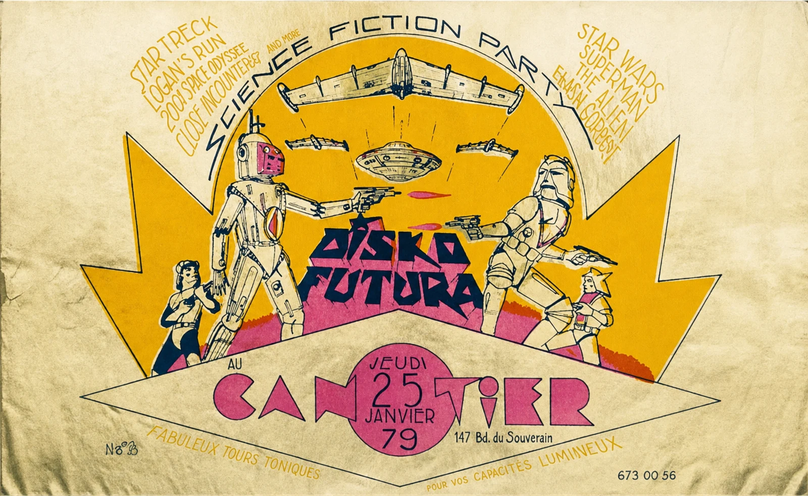 Affiche du Canotier pour la « Science-Fiction Party : Disko Futura », jeudi 25 janvier 1979. Robots, vaisseaux et vagues de couleurs s'affichent au rythme de Star Trek, Star Wars ou 2001 : Aldo Gigli dessine déjà, à la main, tout l'imaginaire d'une soirée.