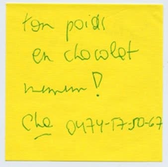 Post-it de proposition de troc, Truc Troc Exhibition 2004, Bozar, Bruxelles, le 16 octobre 2004.
