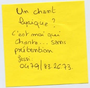 Post-it de proposition de troc, Truc Troc Exhibition 2004, Bozar, Bruxelles, le 16 octobre 2004.