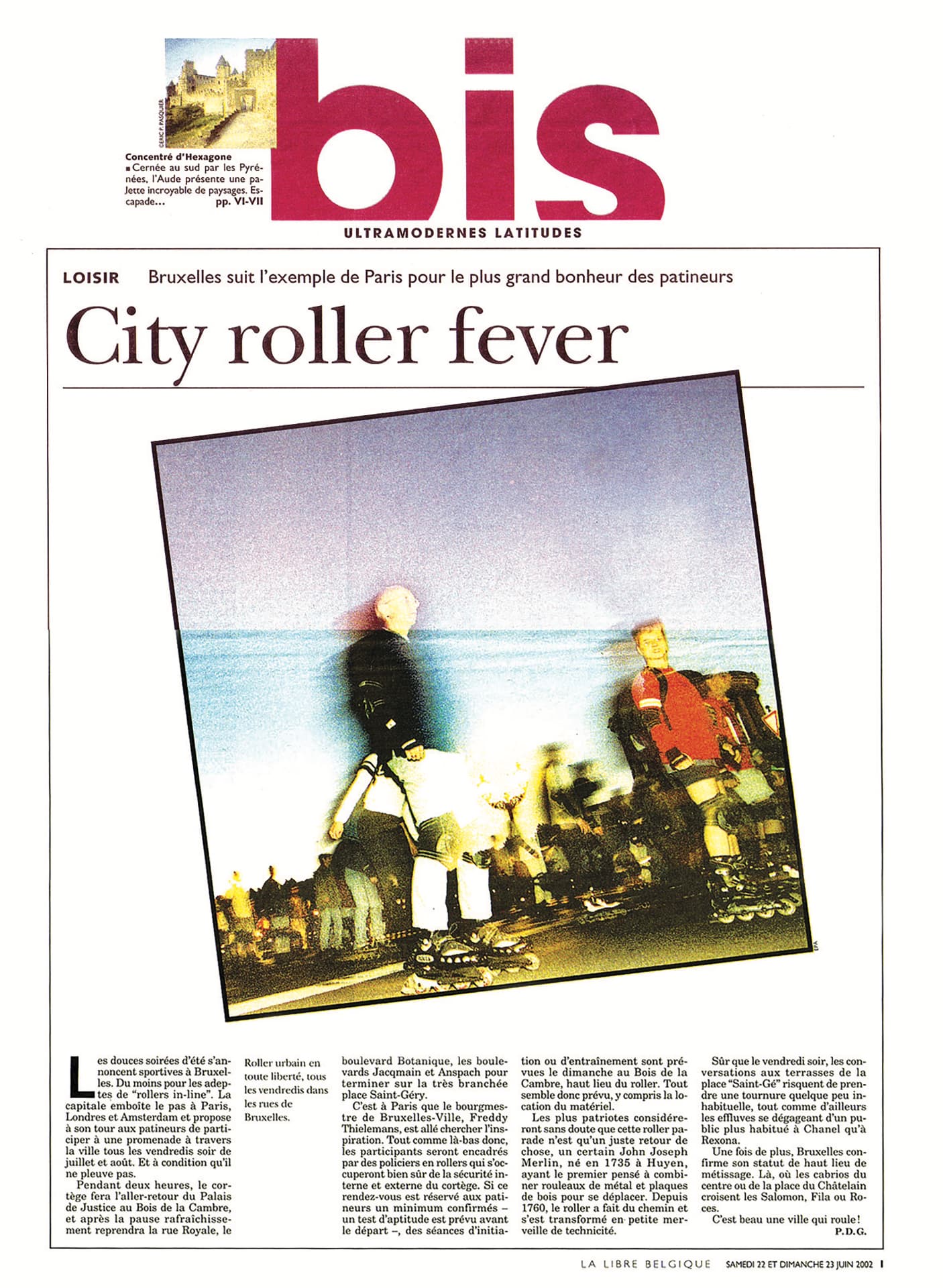 La Libre Belgique, June 22, 2002. Press clipping of the front page of the 'bis' supplement featuring a stylized illustration of urban skaters.