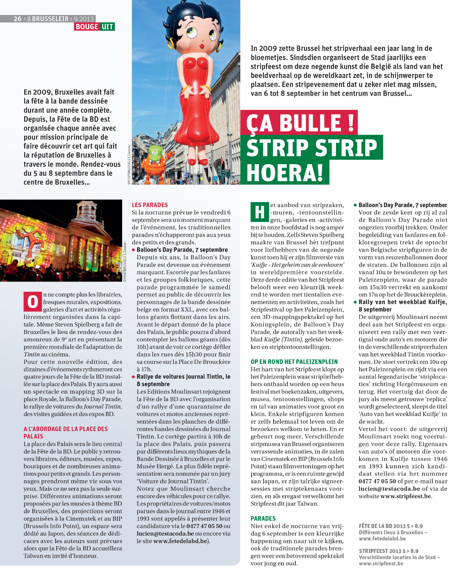 Brusseleir n° 89, septembre 2013, page 26. Article bilingue français-néerlandais consacré à la Fête de la BD et à la Balloon’s Day Parade. Crédit photo : DR.