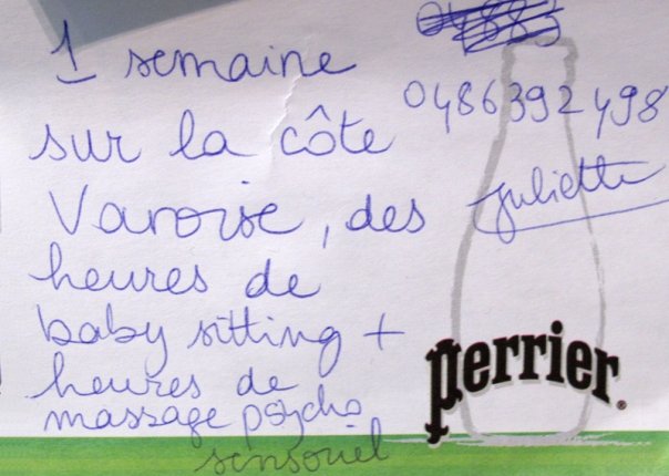 Post-it de proposition de troc, Art Truc Troc, Bozar, Bruxelles, le 31 janvier 2009.