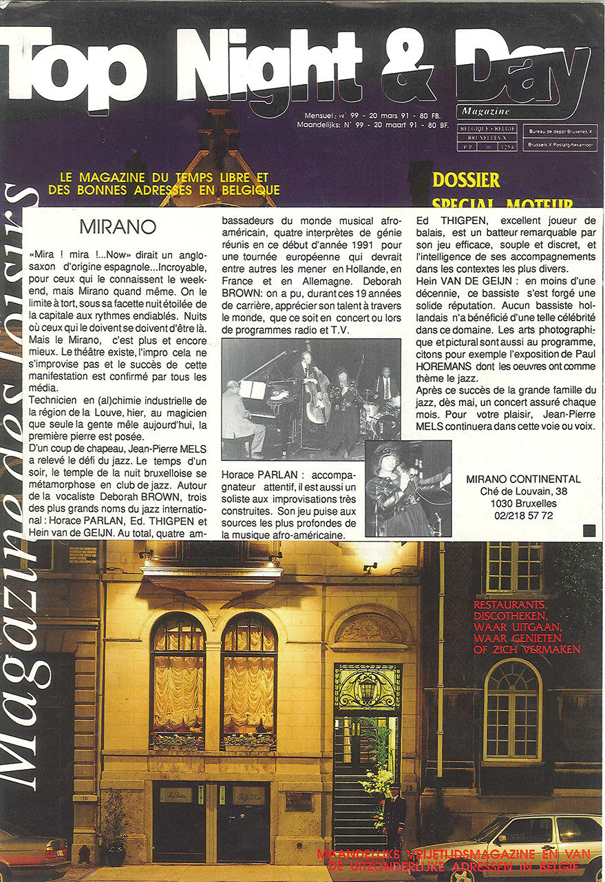 Top Night & Day, mensuel n° 99, 20 mars 1991 : « Mira ! Mira !.. Now ». Page de couverture du dossier consacré aux soirées jazz du Mirano Continental.