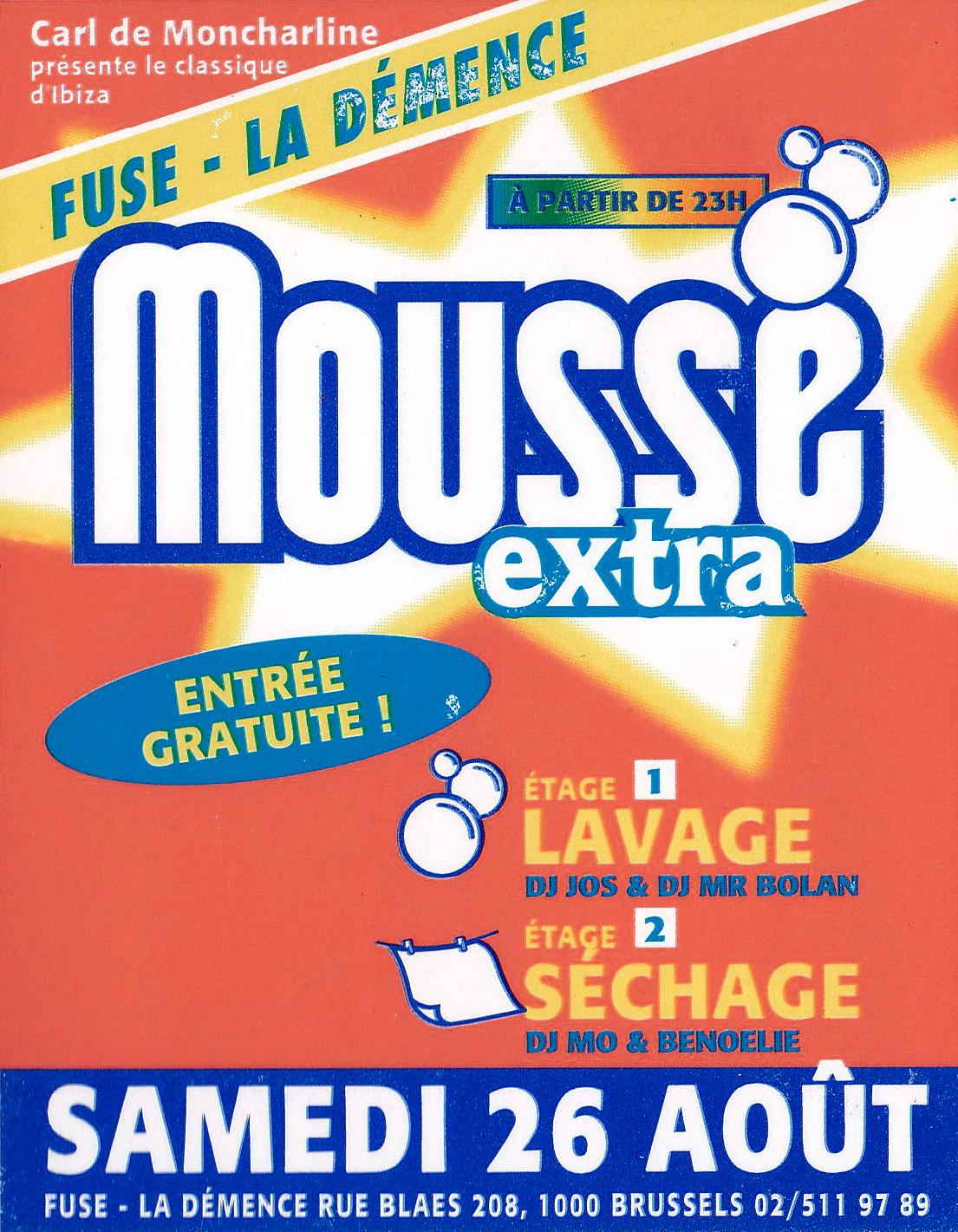 Main face of the box, also used as a free-entry card handed personally to the partners of the distribution network; the night itself was ticketed.