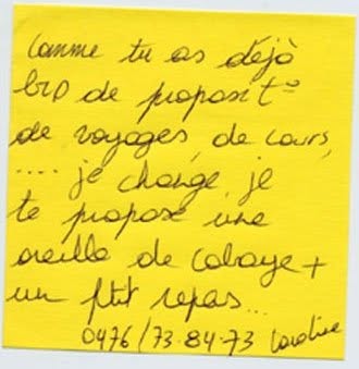 Post-it de proposition de troc, Truc Troc Exhibition 2004, Bozar, Bruxelles, le 16 octobre 2004.