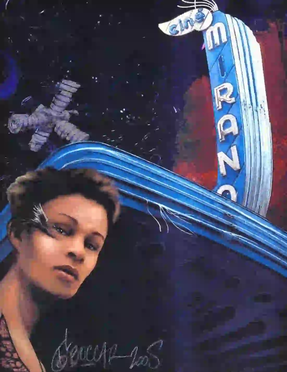 Œuvre de Jean-Louis Boccar, années 1980. L'enseigne verticale « Ciné Mirano » domine une composition spatiale où un portrait de Fundji Ngelessy, l'une des clientes iconiques du club, se détache devant un décor de galaxies et d'un satellite stylisé.