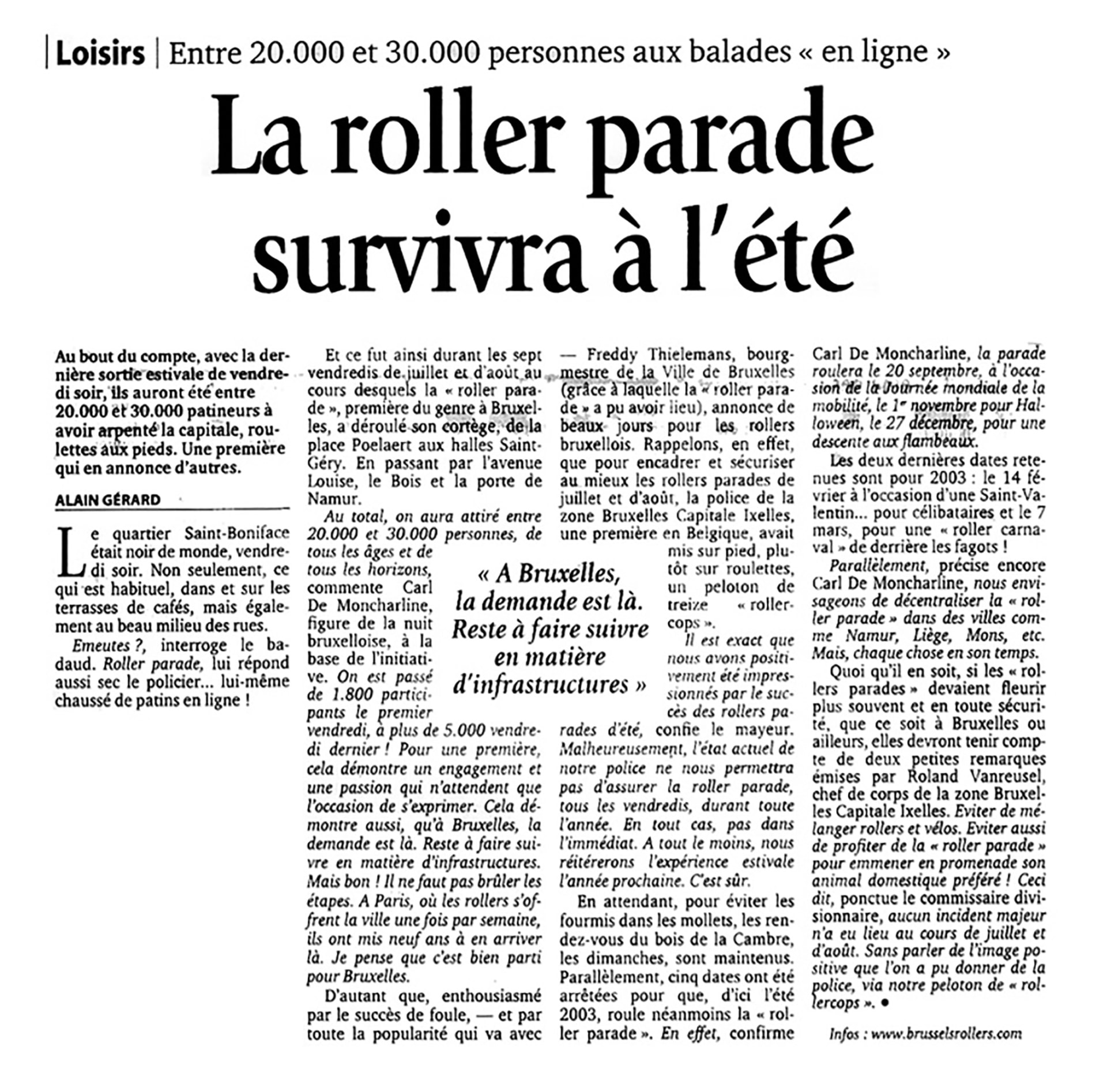 Le Soir, August 2002. Newspaper clipping headlining the success of the Brussels roller parade initiated by Carl De Moncharline.