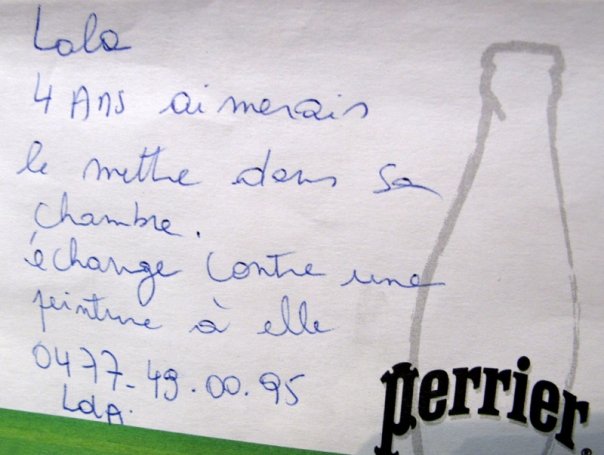 Post-it de proposition de troc, Art Truc Troc, Bozar, Bruxelles, le 31 janvier 2009.