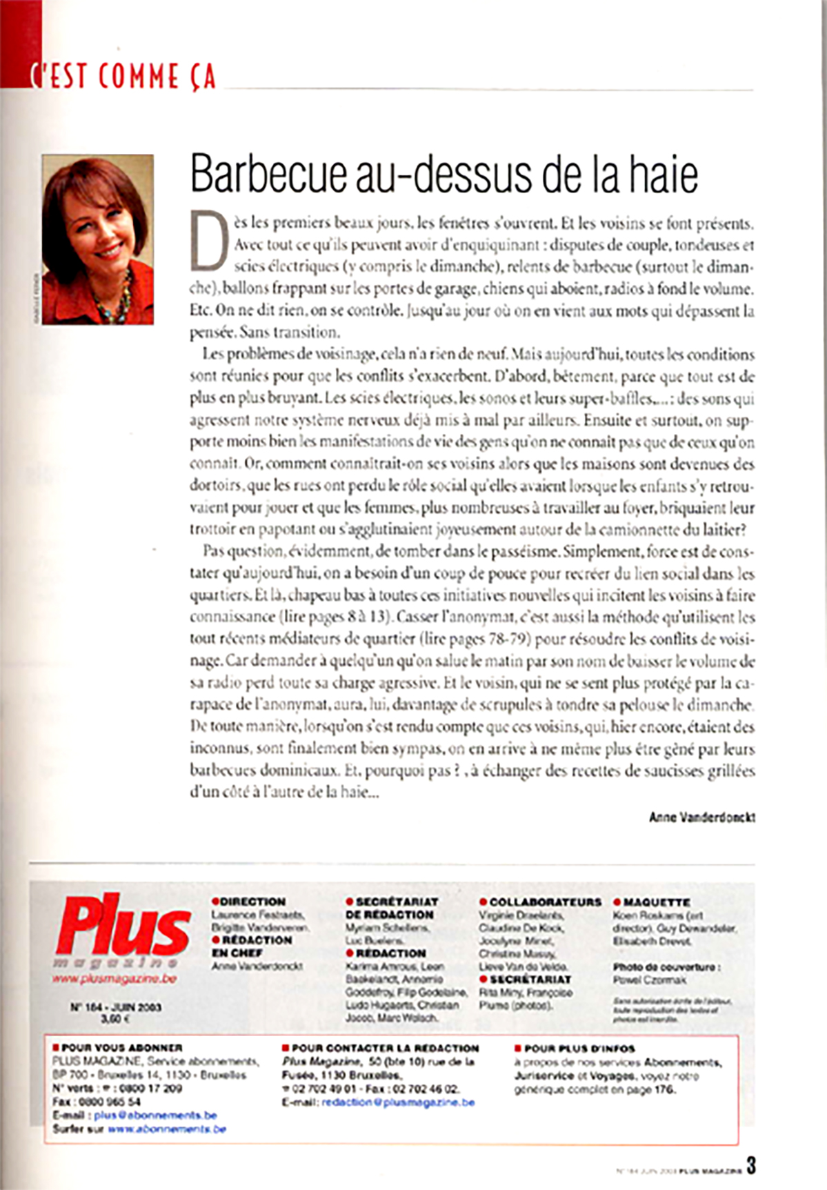 Page 2 / 7 — page 3, editorial "That's how it is: Barbecue over the hedge" by editor-in-chief Anne Vanderdonckt, followed by the masthead.