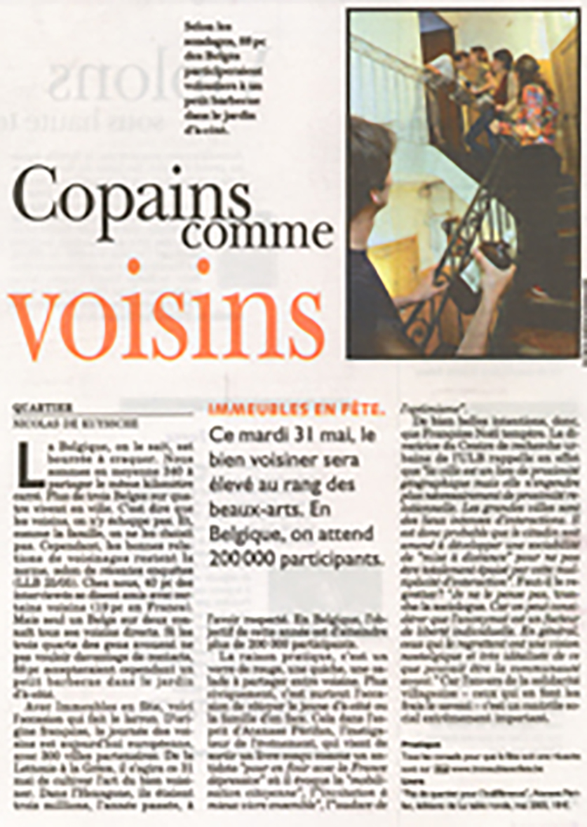 La Libre Belgique, 28 May 2005. Printed standfirst: "According to surveys, 80 pc of Belgians would gladly take part in a small barbecue in the garden next door." The body text is largely illegible on the scan.