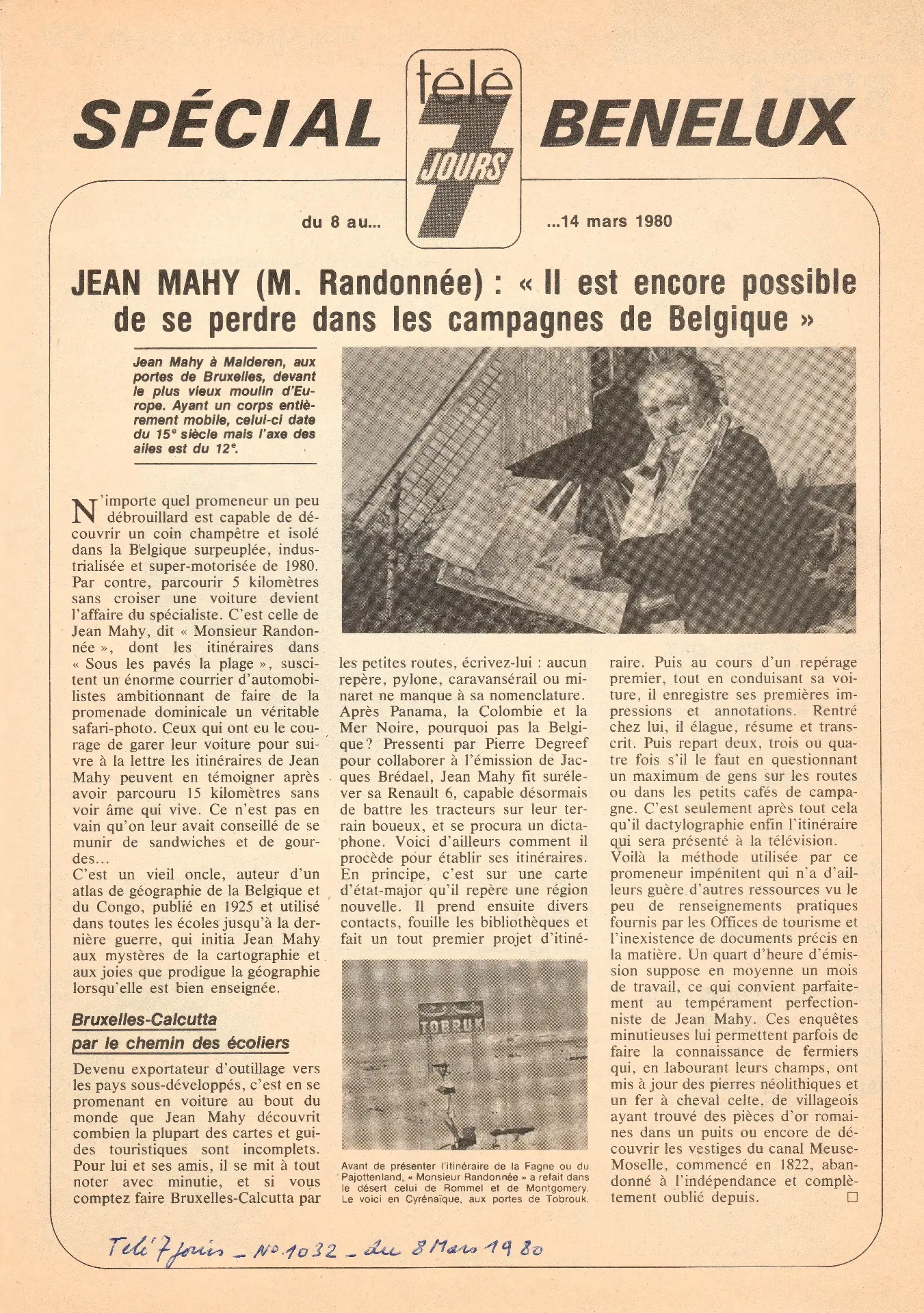 Télé 7 Jours, n° 1032, semaine du 8 au 14 mars 1980, Spécial Benelux : « Jean Mahy (M. Randonnée) : Il est encore possible de se perdre dans les campagnes de Belgique ». Coupure conservée dans les archives familiales.