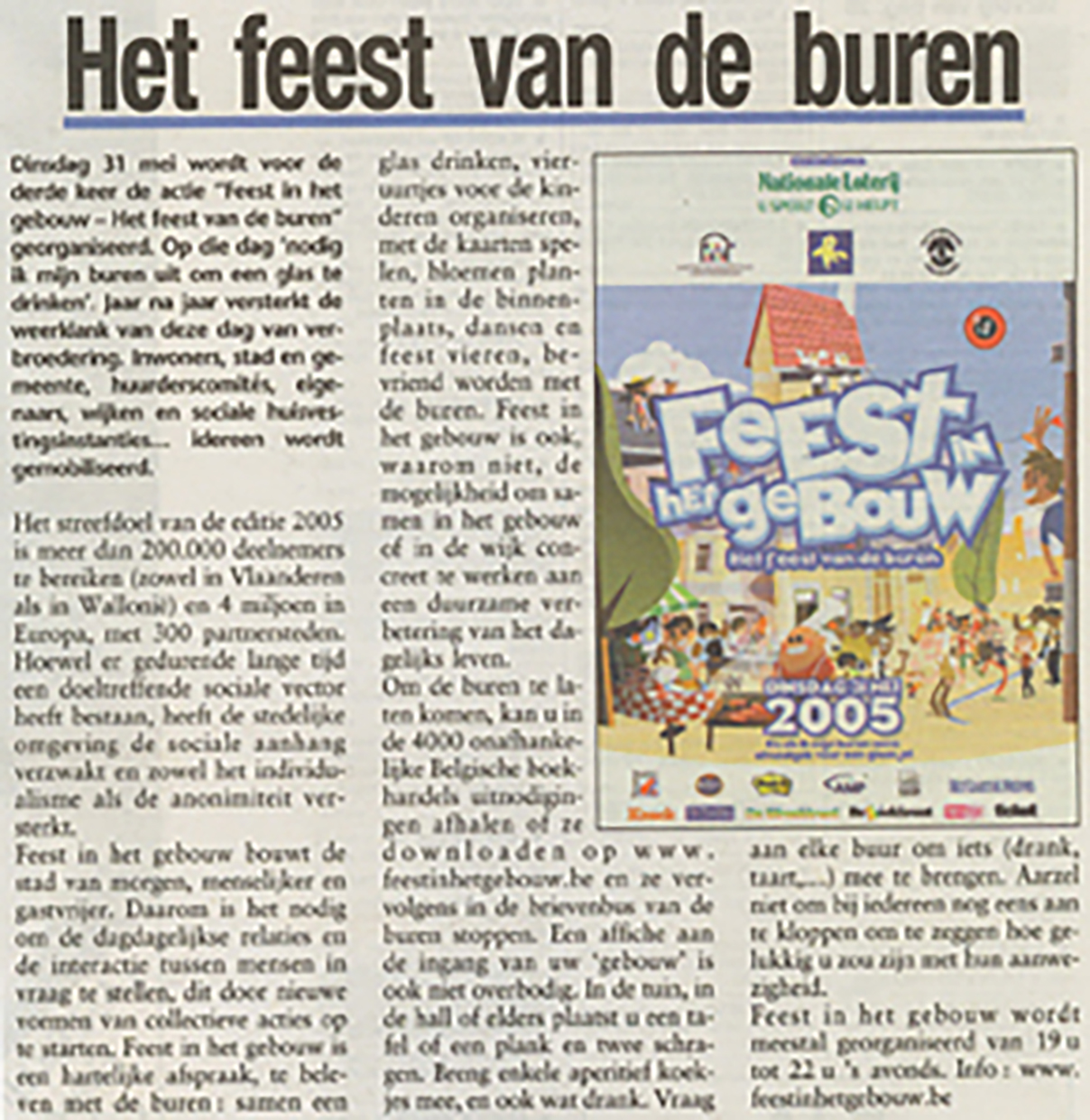 De Zondag, 29 May 2005. Official Dutch-language poster "Feest in het gebouw — Het feest van de buren, Tuesday 31 May 2005", with partner logos including the National Lottery.