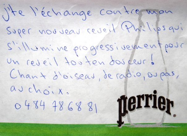 Post-it de proposition de troc, Art Truc Troc, Bozar, Bruxelles, le 31 janvier 2009.