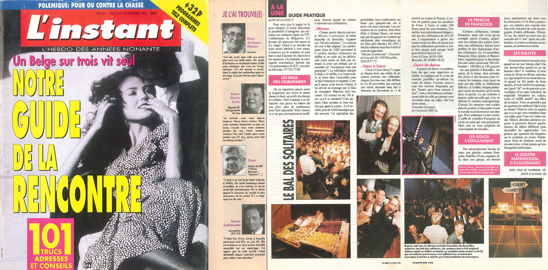 L'Instant n° 115, « du 12 au 18 novembre 1992 » : dossier « Notre guide de la rencontre ». La double page du guide pratique présente le Bal des Solitaires du Mirano Continental, avec une photo d'Etienne Russo et Jean-Pierre Mels.