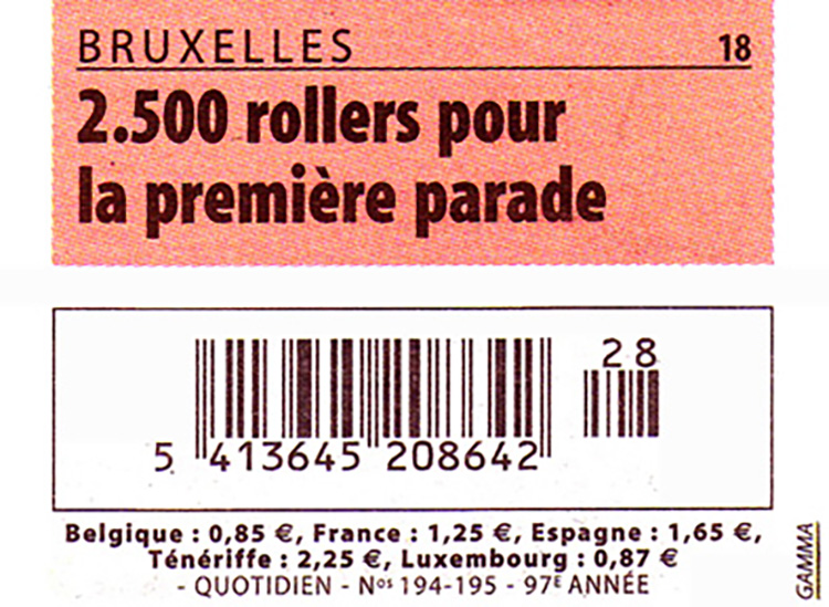 La Dernière Heure, front page of the 13-14 July 2002 edition: « 2.500 rollers pour la première parade », see page 18.