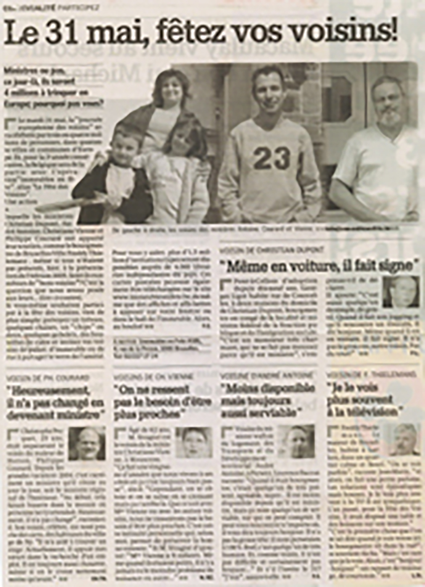 La Meuse, 12 May 2005. Printed caption: "From left to right, the neighbours of ministers Antoine, Courard and Vienne." The body text is largely illegible on the scan.