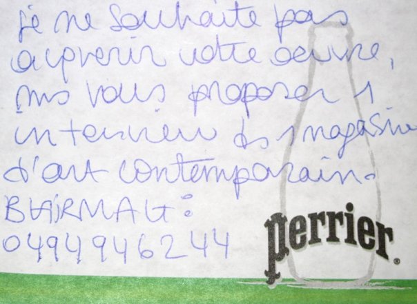 Post-it de proposition de troc, Art Truc Troc, Bozar, Bruxelles, le 31 janvier 2009.