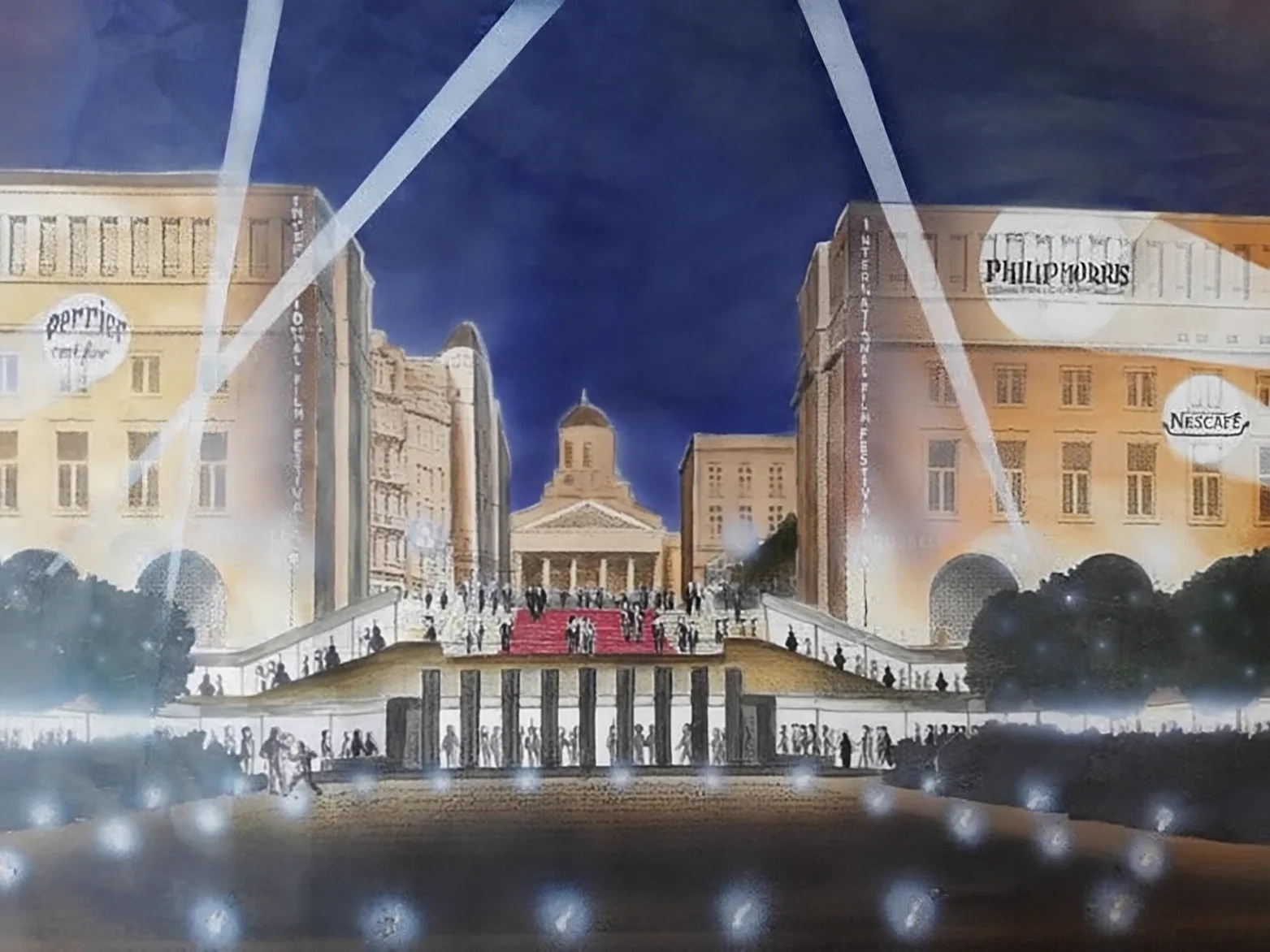 Lay-out d'Aldo Gigli, feutre et gouache sur papier, format horizontal. Vue nocturne d'un parvis monumental : un tapis rouge traverse l'esplanade jusqu'aux marches, les façades sont baignées de lumière, des faisceaux balaient le ciel bleu nuit et des enseignes de partenaires, Philip Morris, Perrier, Nescafé, ponctuent le décor. Le dessin fixe l'arrivée du public avant même que l'événement n'existe.