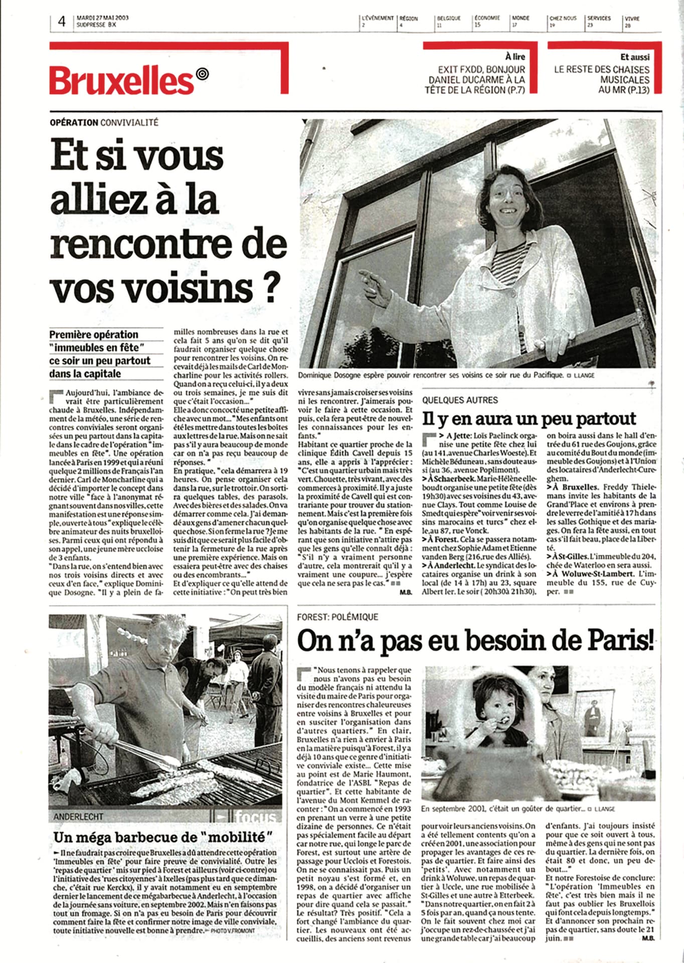 La Capitale, Tuesday 27 May 2003, page 4. Printed captions: "Dominique Dosogne hopes to meet her neighbours tonight on rue du Pacifique" (photo Llange); "In September 2001, it was a neighbourhood snack…" (photo Llange); barbecue in Anderlecht (photo V. Fromont).