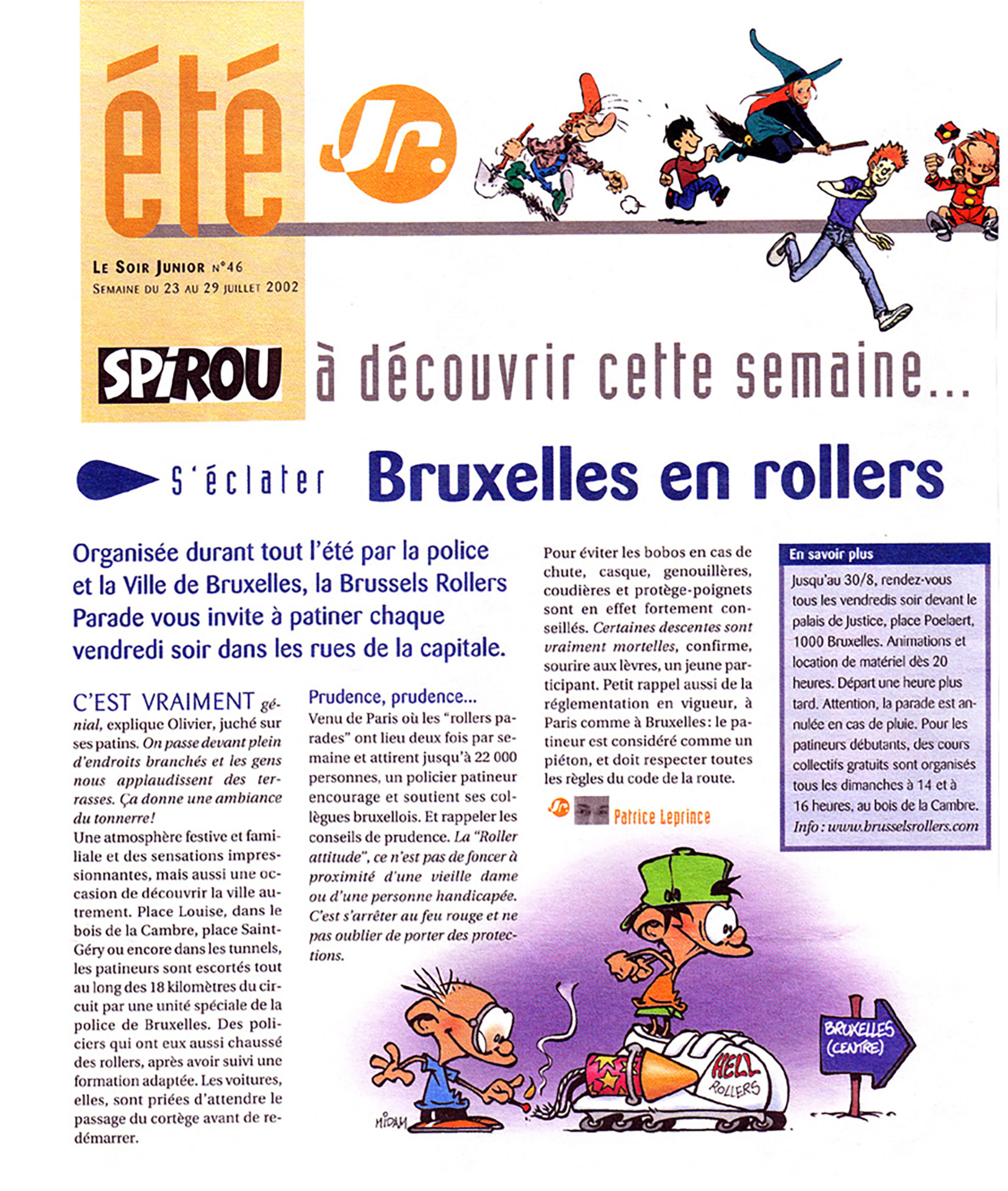 Press clipping, Le Soir Junior n° 46, week of July 23 to 29, 2002. The article is illustrated with comic strip characters (Kid Paddle) created by Midam.