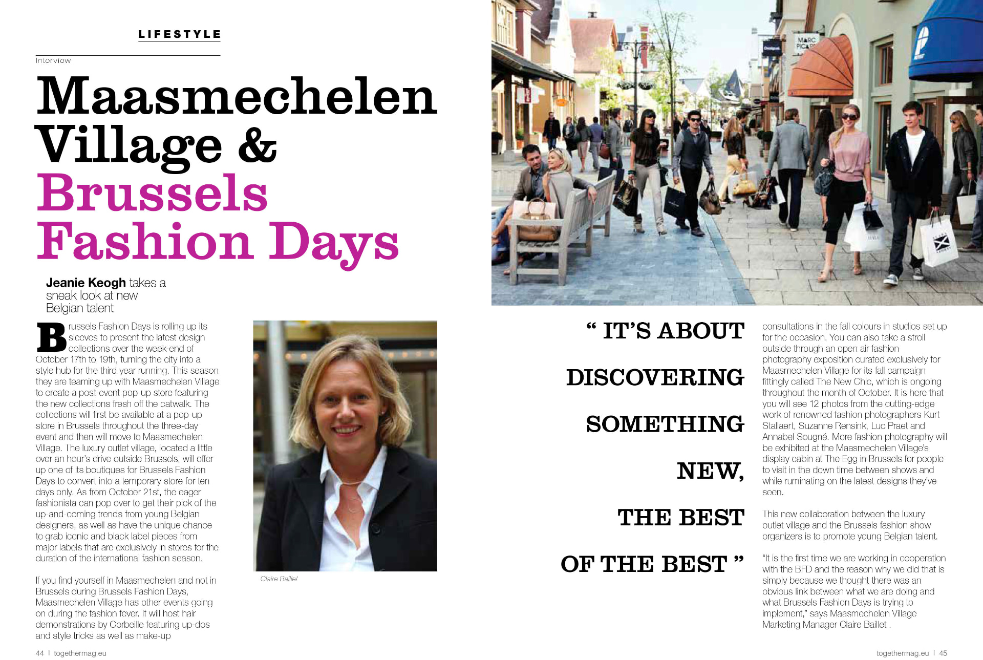 Double page originale de Together Magazine n° 52, pages 44 et 45. Portrait de Claire Baillet et vue de Maasmechelen Village. Crédit photo : DR.