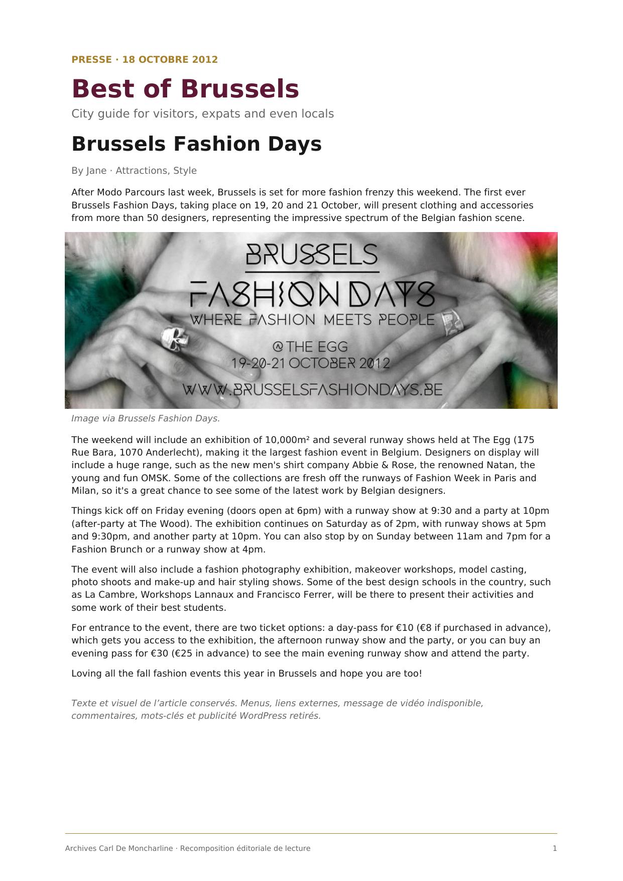 Recomposition éditoriale de lecture d'après le PDF exporté de l'article en ligne. Le visuel des Brussels Fashion Days a été conservé ; les publicités, liens externes, menus, commentaires, mots-clés et le message de vidéo indisponible ont été retirés. Le PDF nettoyé est conservé avec l'article. Crédit image : Brussels Fashion Days.