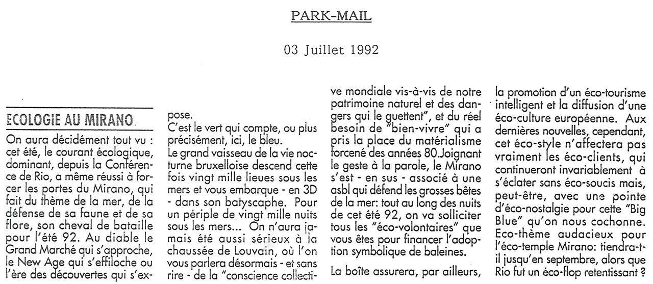 Park-Mail, 3 juillet 1992 : « Écologie au Mirano ». Coupure de presse sur le thème marin de l'été 92 au Mirano Continental, dans le sillage du Sommet de Rio.