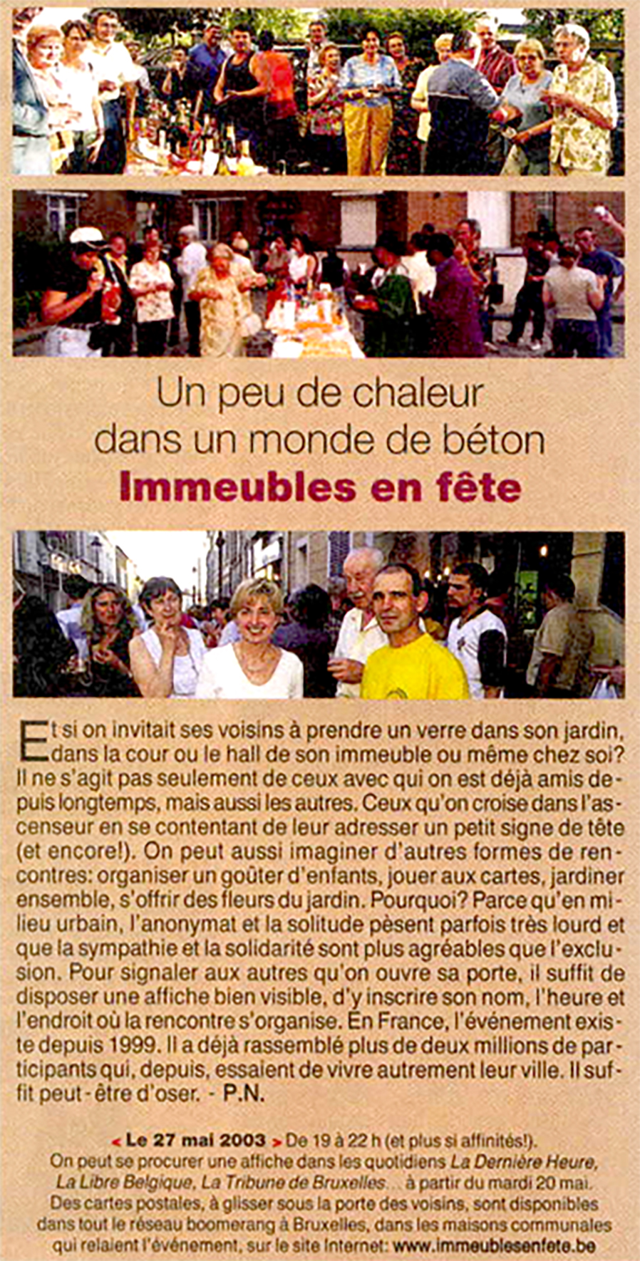Télémoustique, 21 May 2003. Three photographs of neighbours gathered around tables accompany the article.