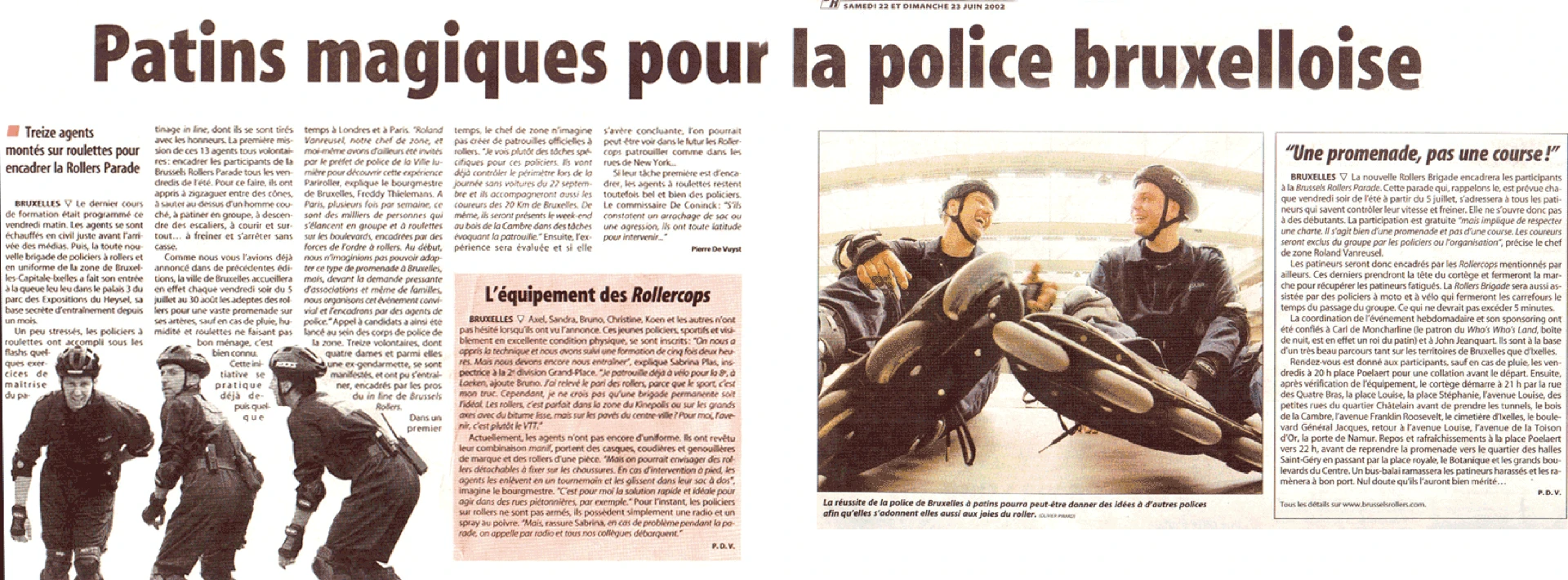 Press clipping, June 22, 2002. Photographs by Olivier Pirard showing police officers in training and rollerblading gear.
