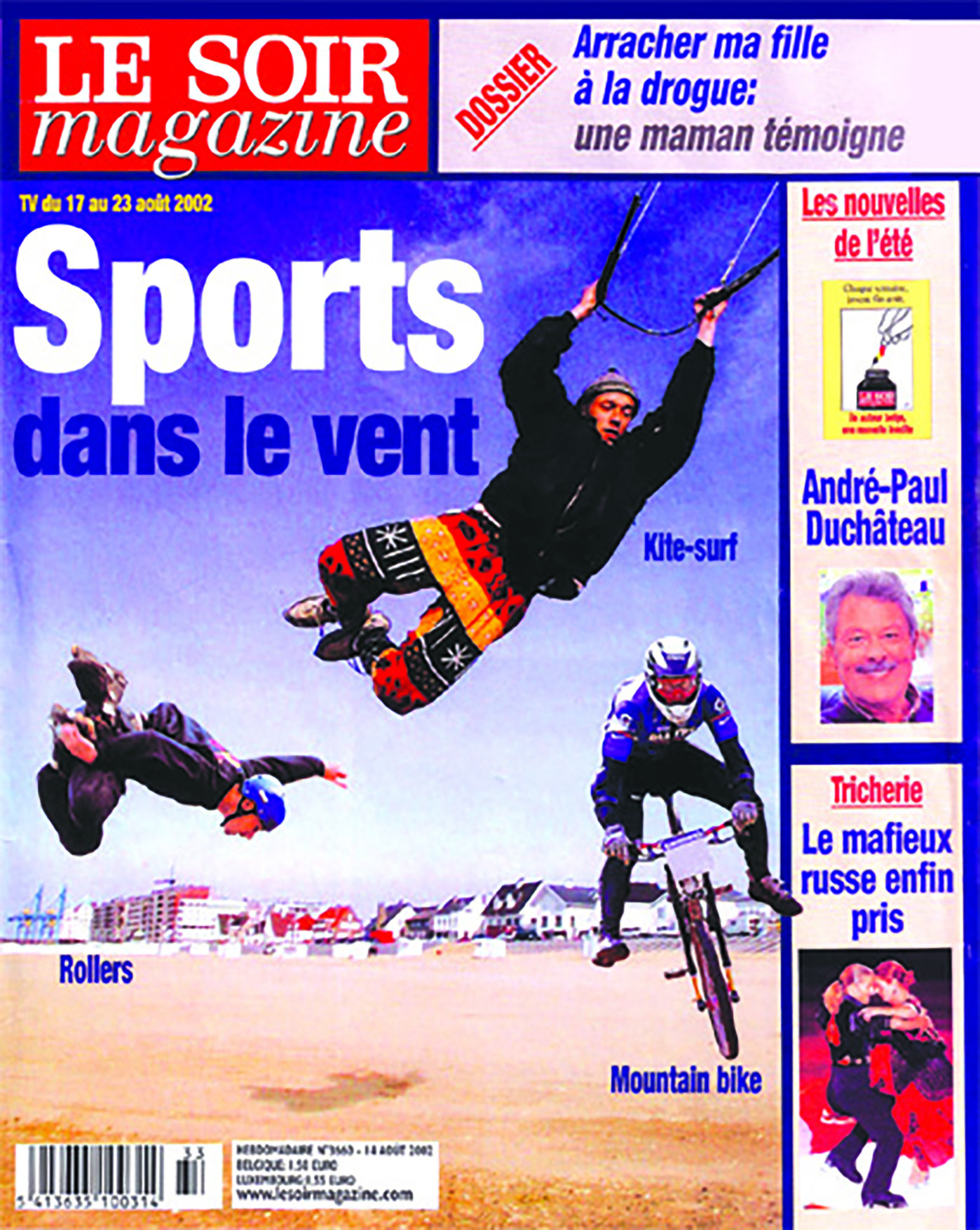 Le Soir Magazine no. 3663, 14 August 2002 (TV listings 17-23 August). Cover « Sports dans le vent »: a skater performing a backflip.