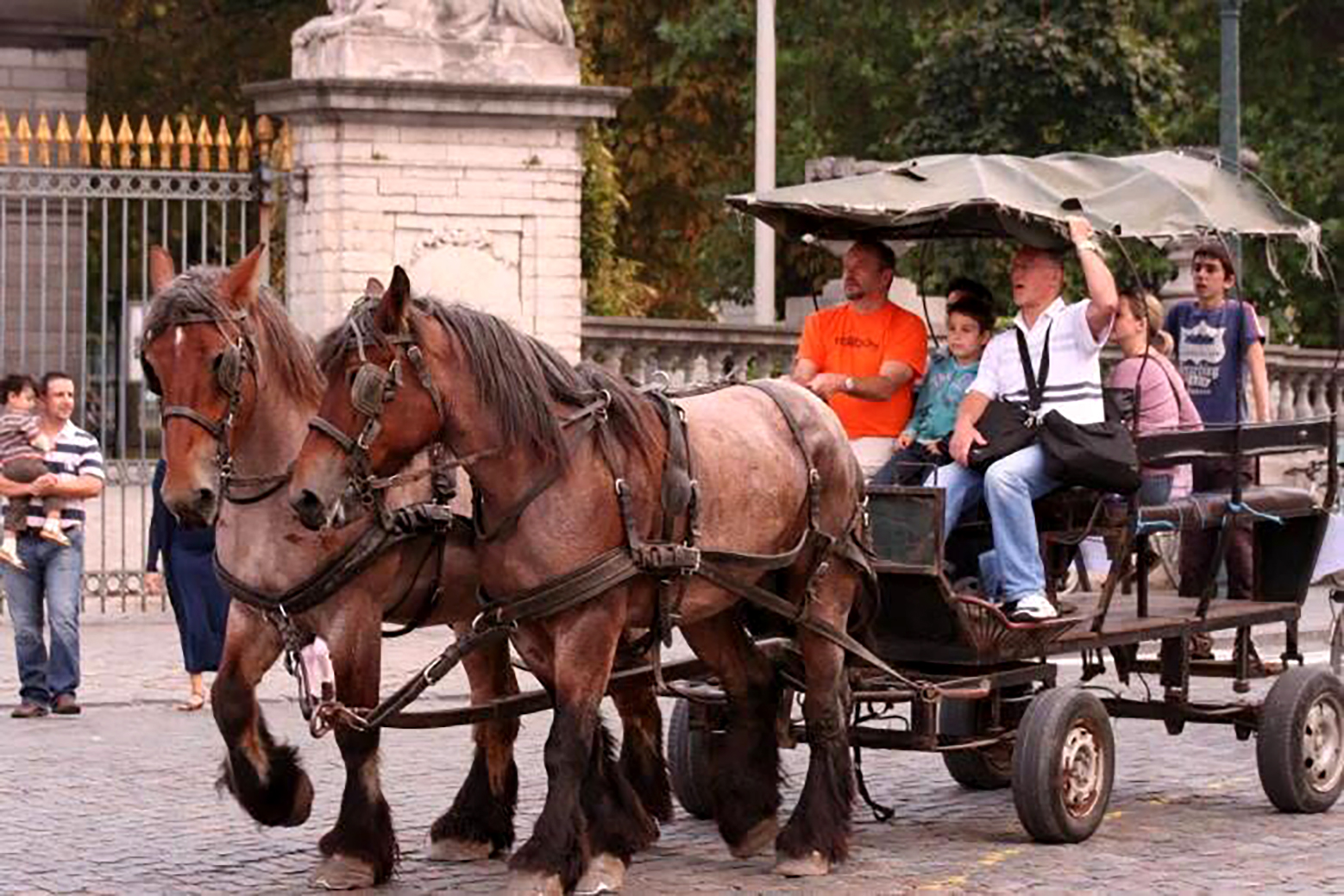 Promenade en attelage de chevaux de trait devant les grilles du parc de Bruxelles.