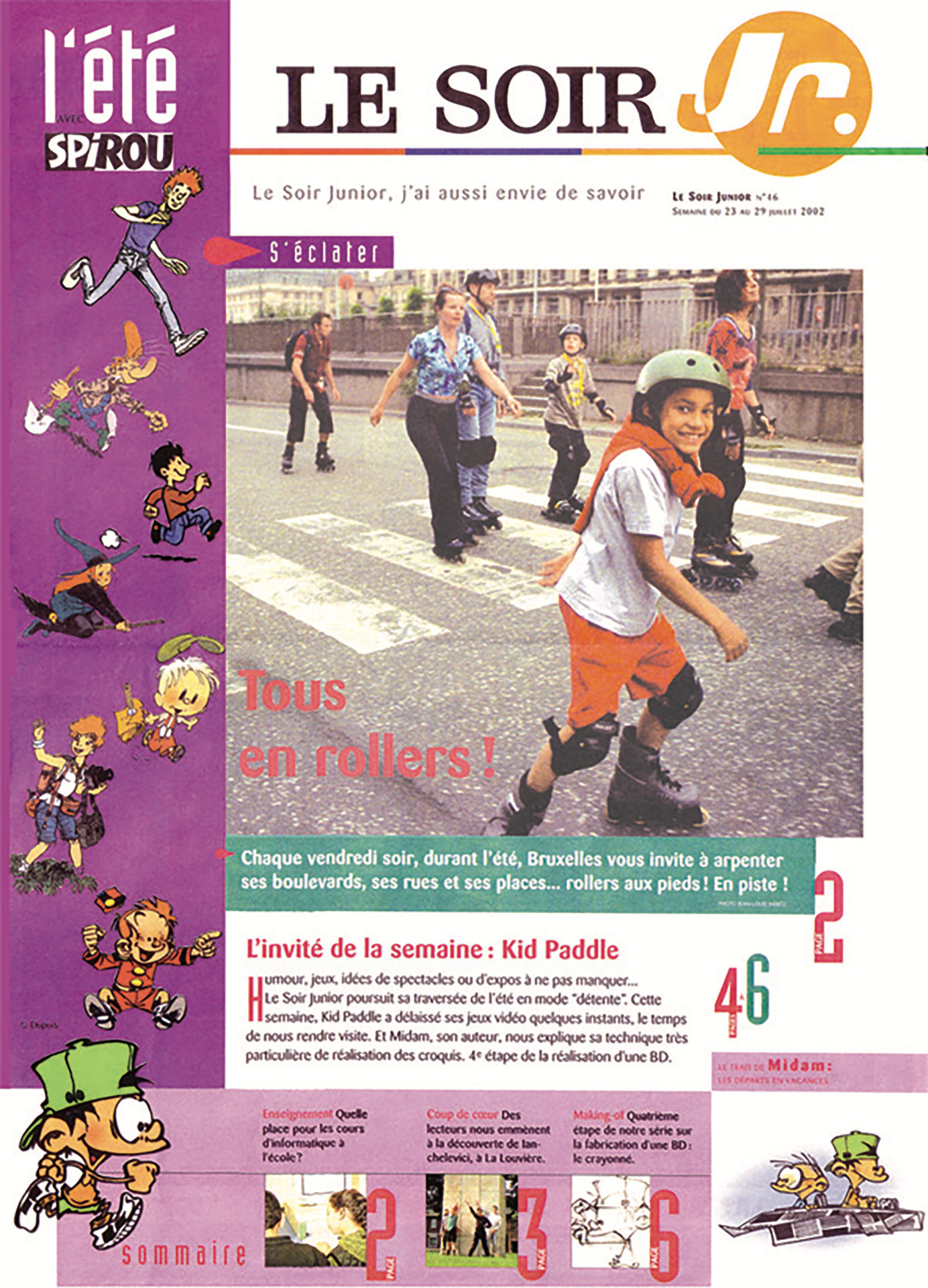 Press clipping, June 23, 2002. Cover of Le Soir Junior No. 16 showing a young boy and adults skating on a Brussels pedestrian crossing. Photo: Jean-Louis Mertens.