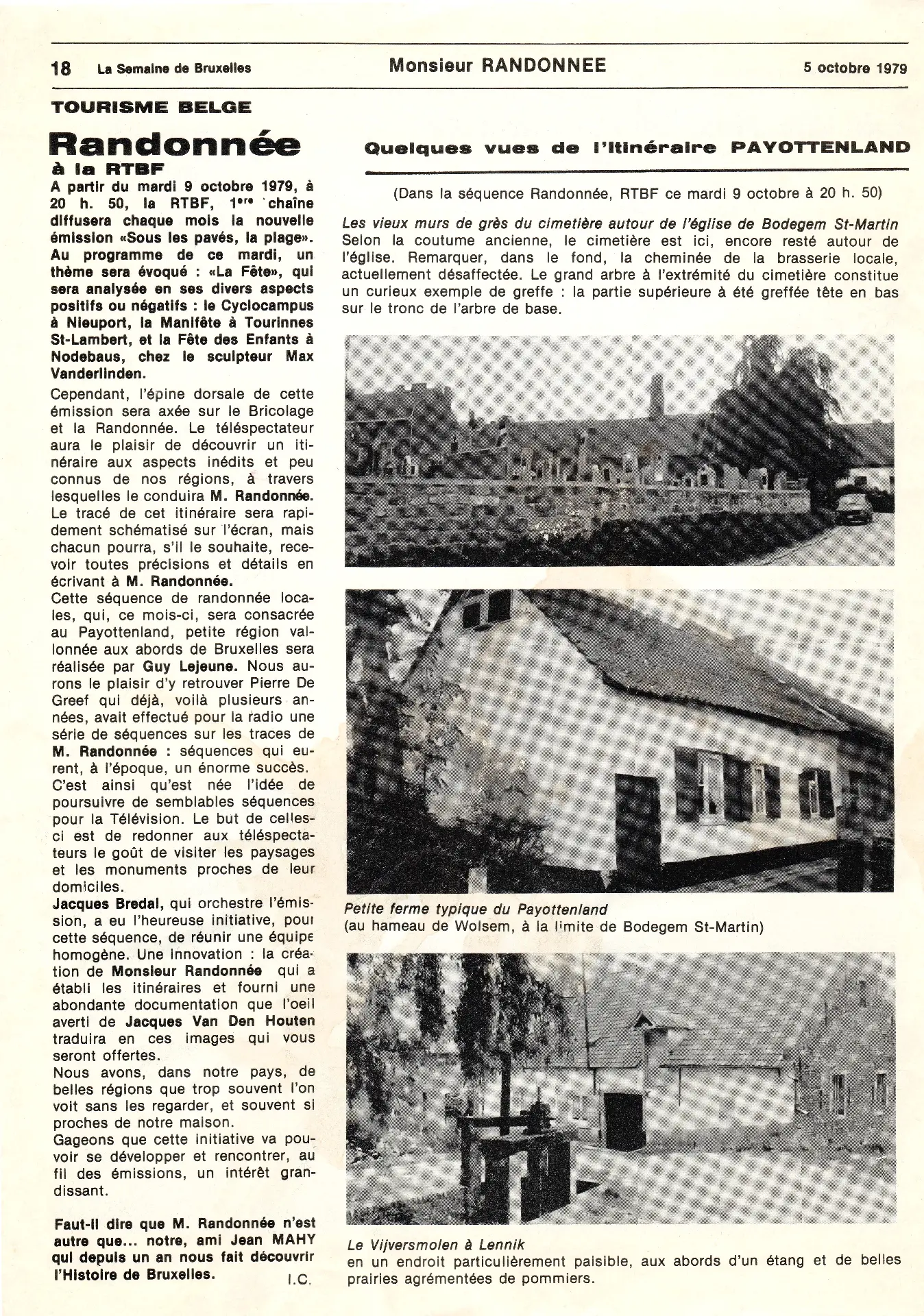 La Semaine de Bruxelles, 5 octobre 1979, p. 18, « Monsieur Randonnée » : annonce de l'émission « Sous les pavés, la plage » sur la RTBF, signée I. C. Coupure conservée dans les archives familiales.