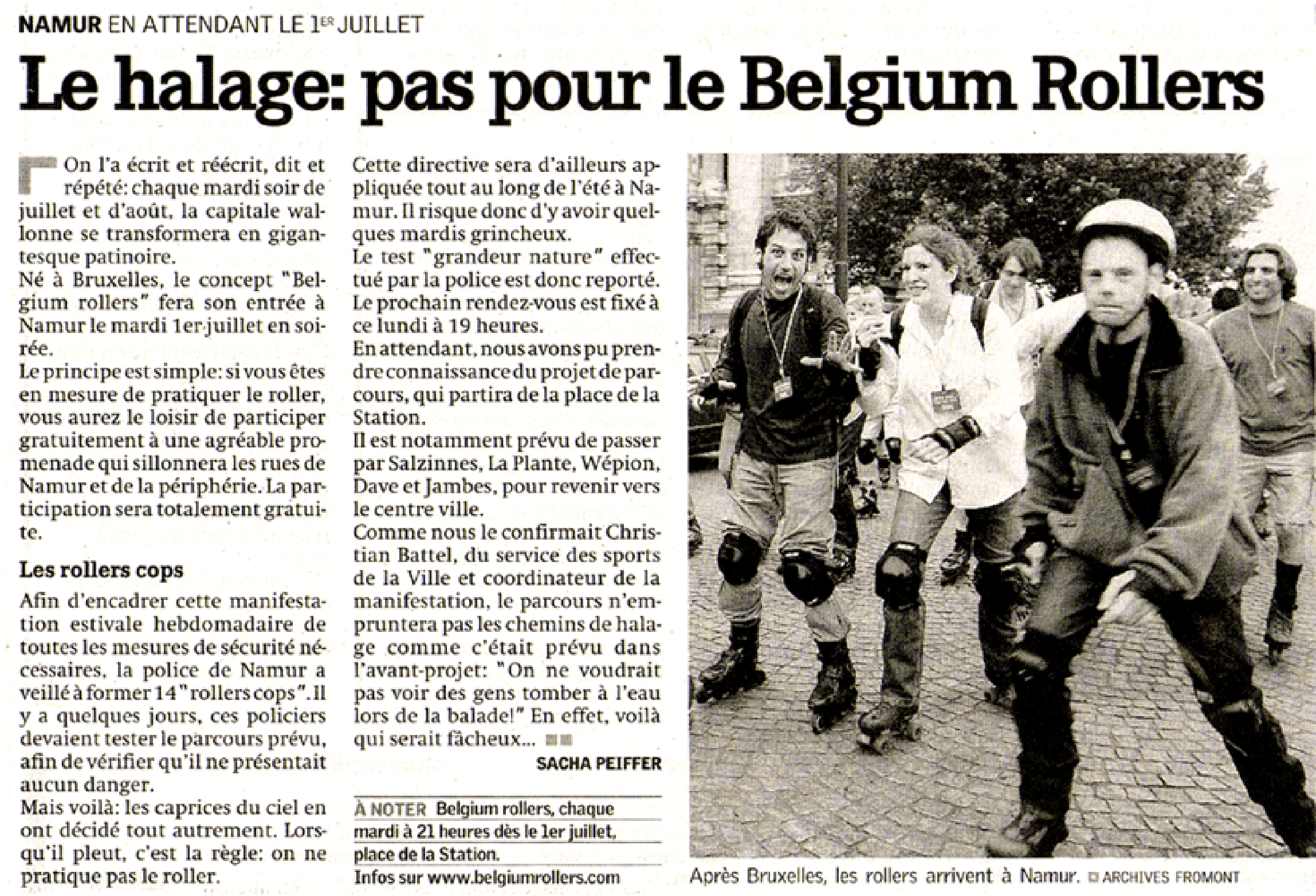 Le Quotidien de Namur, 20 June 2003. "After Brussels, the skaters arrive in Namur." Photo Archives Fromont.