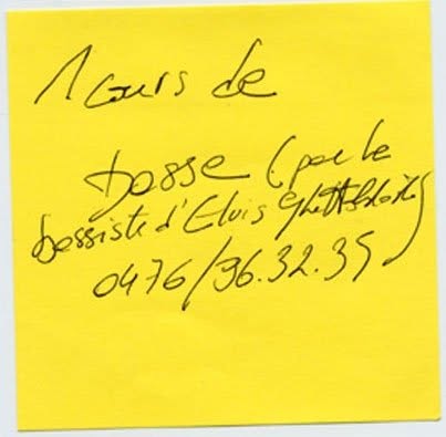 Post-it de proposition de troc, Truc Troc Exhibition 2004, Bozar, Bruxelles, le 16 octobre 2004.
