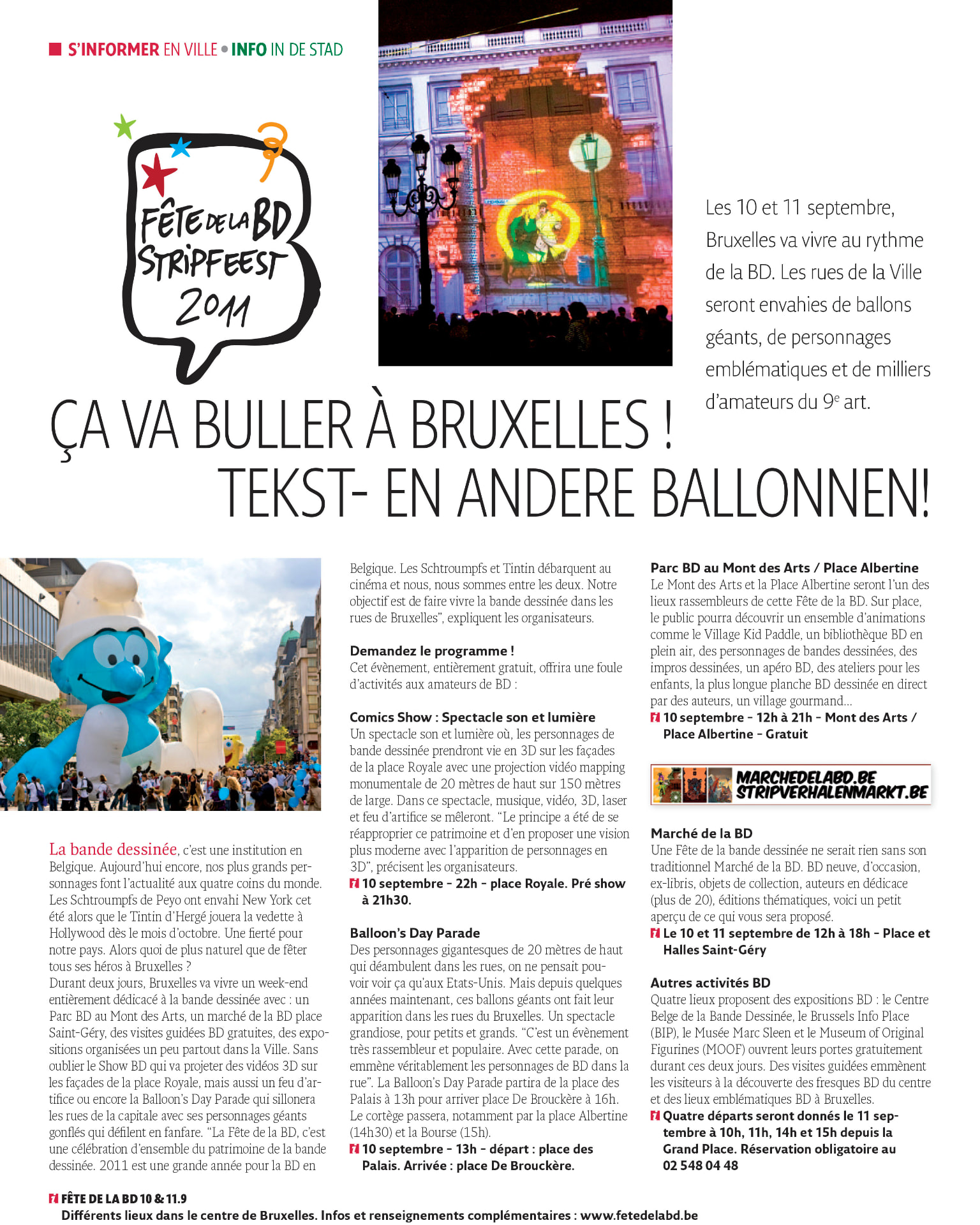 Brusseleir n° 69, septembre 2011, page 12. Première page de l’article bilingue consacré à la Fête de la BD et à la Balloon’s Day Parade. Crédit photo : DR.