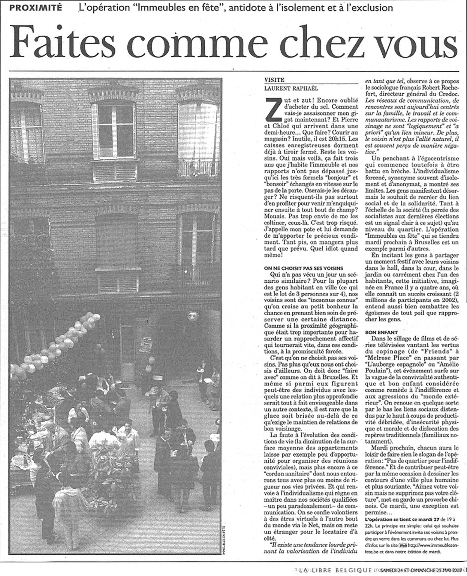 La Libre Belgique, Saturday 24 and Sunday 25 May 2003. Photo credited "Immeubles en fête" in the vertical rule.