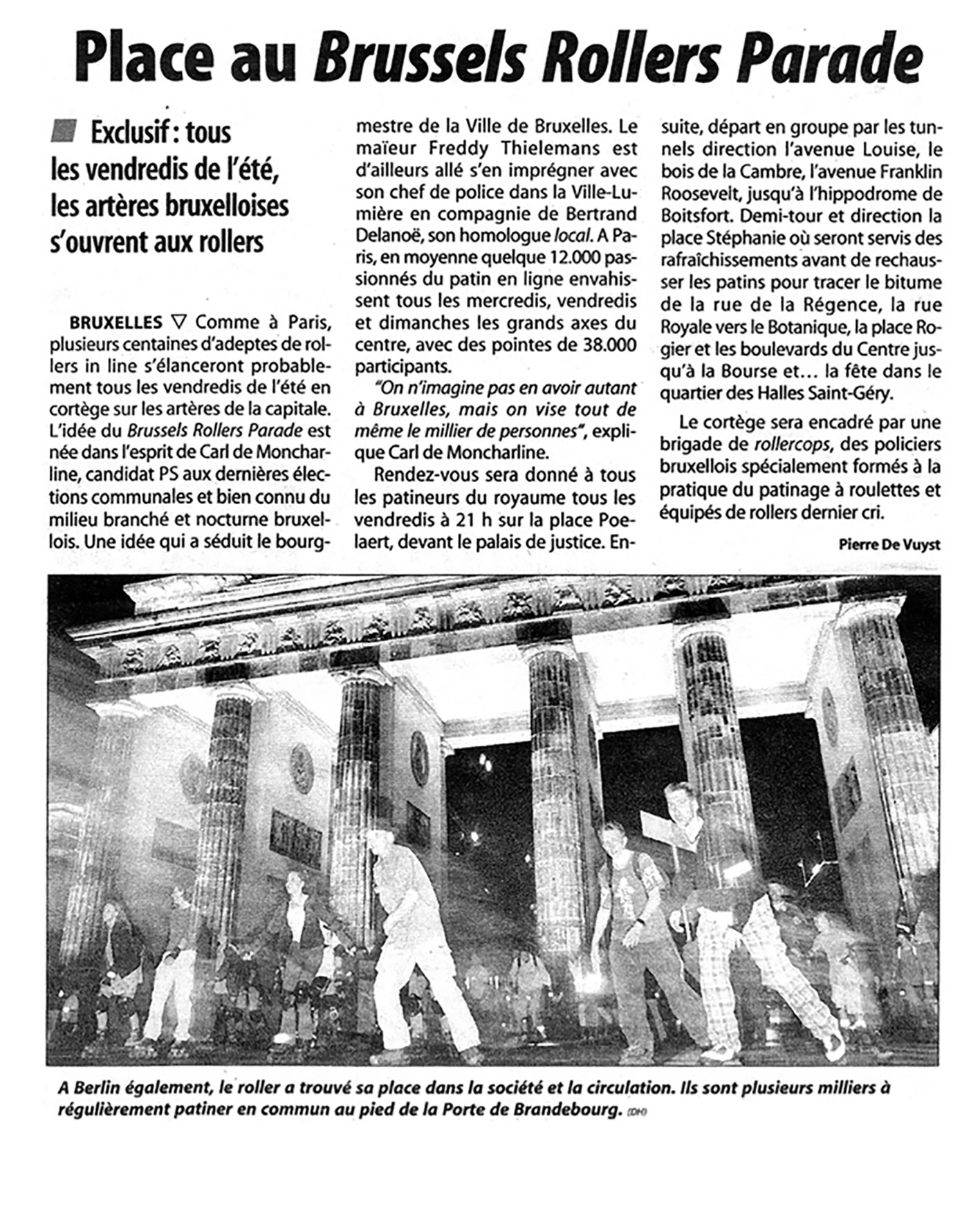 La Dernière Heure, 06/2002. Photograph of night skaters in front of the Brandenburg Gate in Berlin, illustrating the international rise of the discipline. Credit: DH.