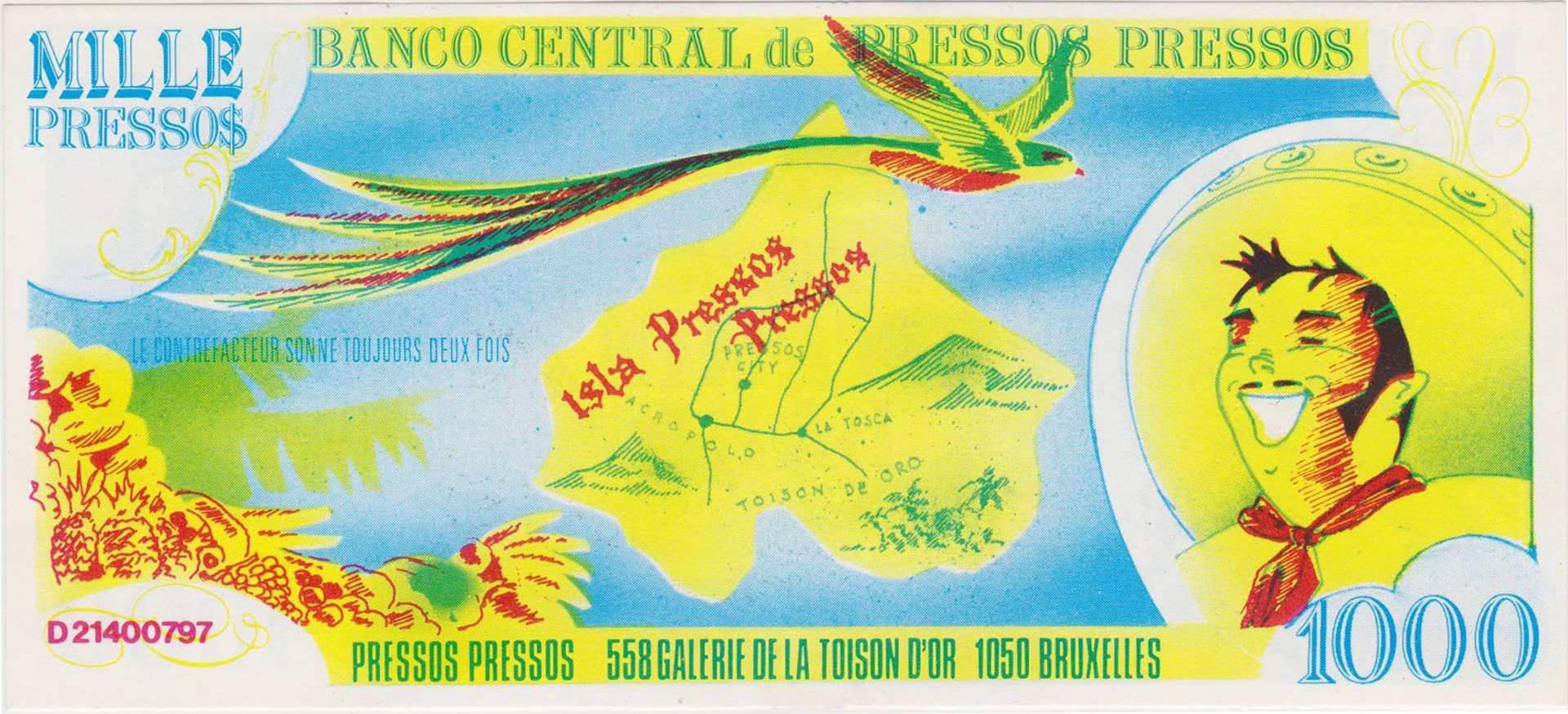 Faux billet de « 1000 Pressos » dessiné par Aldo Gigli pour le Vitamin Bar, 558 Galerie de la Toison d'Or, 1050 Bruxelles. En pleine mode des bars à jus, le billet singe la « Banco Central de Pressos » : un quetzal aux longues plumes survole la carte de l'« Isla Pressos Pressos » (Pressos City, Acropolo, La Tosca, Toison de Oro), un aventurier souriant tient le portrait, et la mention « Le contrefacteur sonne toujours deux fois » sert de devise. Années 1980, date précise non documentée.