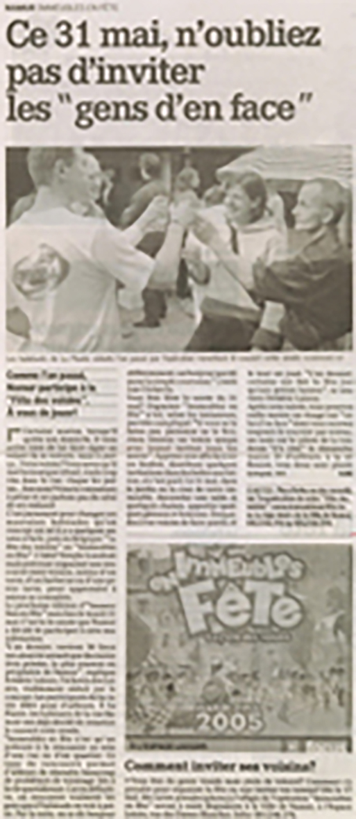 La Meuse (Namur), 6 May 2005. Photograph of neighbours toasting and reproduction of the official "Immeubles en fête 2005" poster. Box: "How to invite your neighbours?". The body text is illegible on the scan.