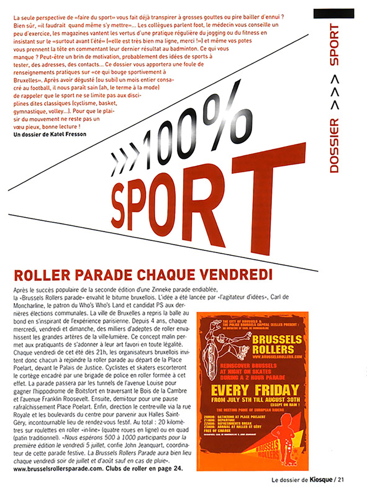 Kiosque, June 2002. "100% SPORT" feature showing the orange poster for the "Brussels Rollers" event.